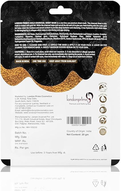 London Prime Gold Foil Facial Sheet Mask Gold Brightening, Moisturizing & Antiwrinkle charcoal facial sheet mask