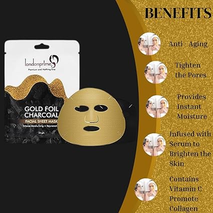 London Prime Gold Foil Facial Sheet Mask Gold Brightening, Moisturizing & Antiwrinkle charcoal facial sheet mask