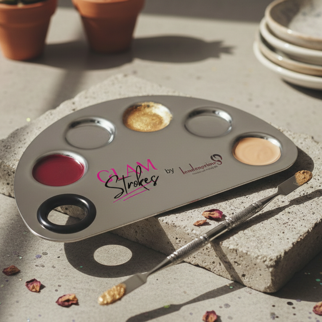 Glamstrokes by london prime Makeup Mixing Palette with Spatula | Stainless Steel Cosmetic Mixing Palette for Professional Makeup Tool