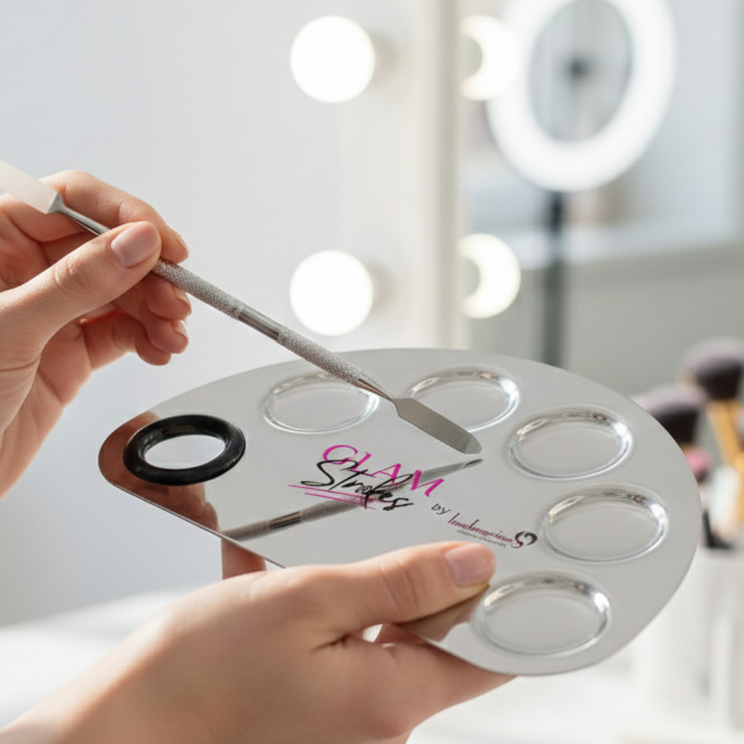 Glamstrokes by london prime Makeup Mixing Palette with Spatula | Stainless Steel Cosmetic Mixing Palette for Professional Makeup Tool